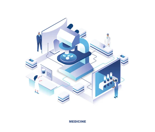 Medicine isometric landing page. Concept of pharmaceutics, pharmaceutical research with tiny people or medics working in laboratory around giant microscope with pills or meds. Vector illustration. — 스톡 벡터