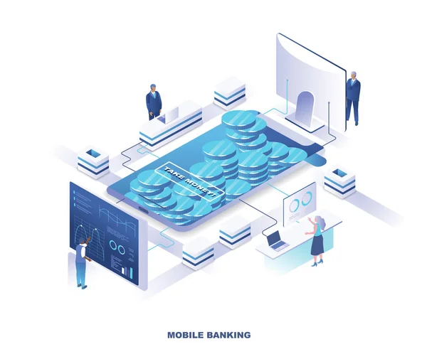 Mobile banking isometric landing page. Concept of electronic service for money transfer, financial transaction with tiny people working around giant smartphone full of coins. Vector illustration. — Stock Vector