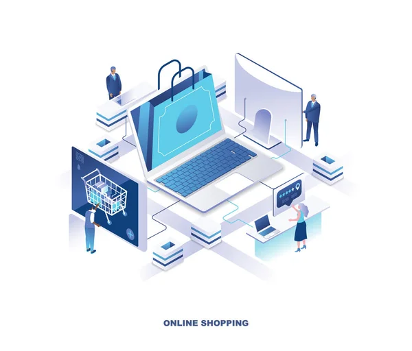 Internet or online shopping, digital retail service isomeric landing page. Concept with tiny people or customers making orders on web store or shop. Modern vector illustration for advertisement. — Stok Vektör