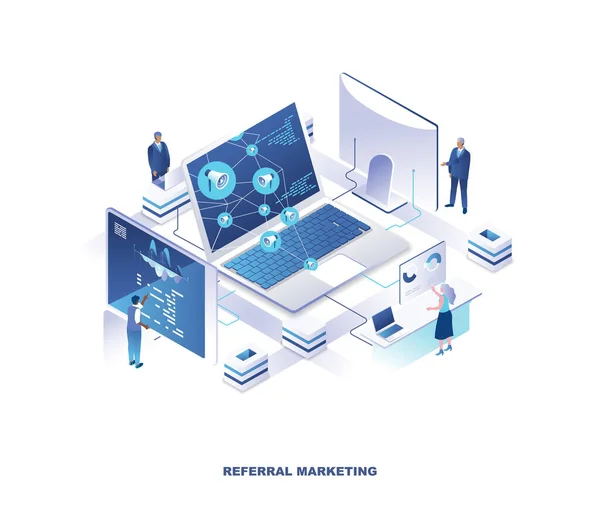 Marketing referral, pagina di destinazione isometrica del programma fedeltà clienti. Concetto con persone minuscole intorno al computer portatile gigante con megafoni collegati alla rete. Illustrazione vettoriale moderna per promo . — Vettoriale Stock