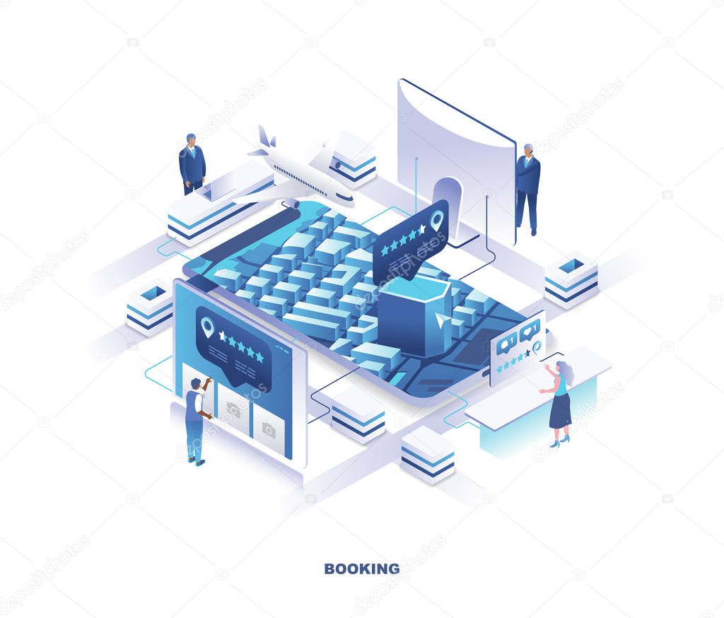 Isometric landing page for online service for flight booking and search of accommodation. Concept with people standing around hotel building, aircraft and making reservation. Vector illustration.
