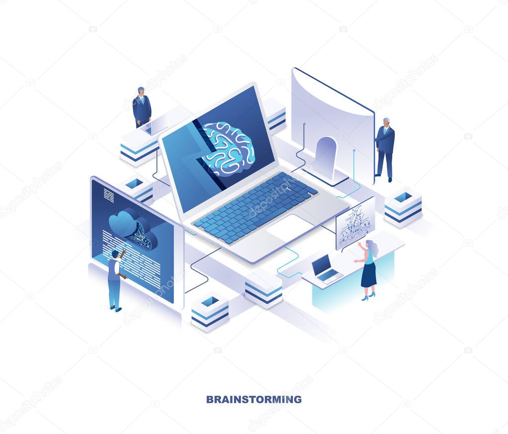 Brainstorming isometric landing page. Concept of creative business thinking or idea creation with tiny people standing around giant laptop computer with brain on screen. Modern vector illustration.