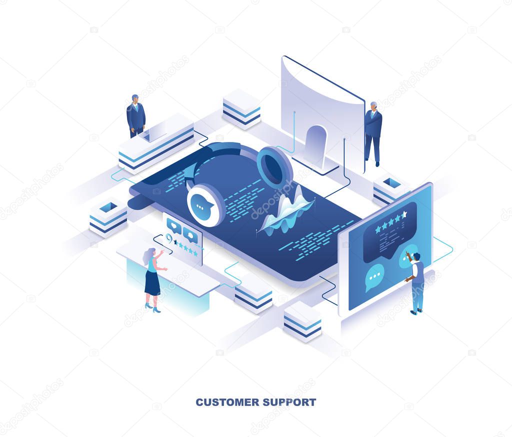 Customer or technical support service isometric landing page. Concept with tiny people working around giant headphones. Dispatchers in call center, hotline or helpline. Modern vector illustration.