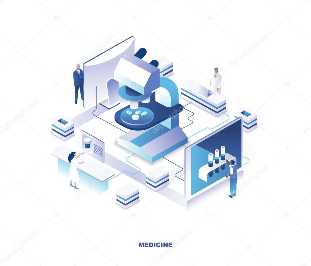 Medicine isometric landing page. Concept of pharmaceutics, pharmaceutical research with tiny people or medics working in laboratory around giant microscope with pills or meds. Vector illustration.