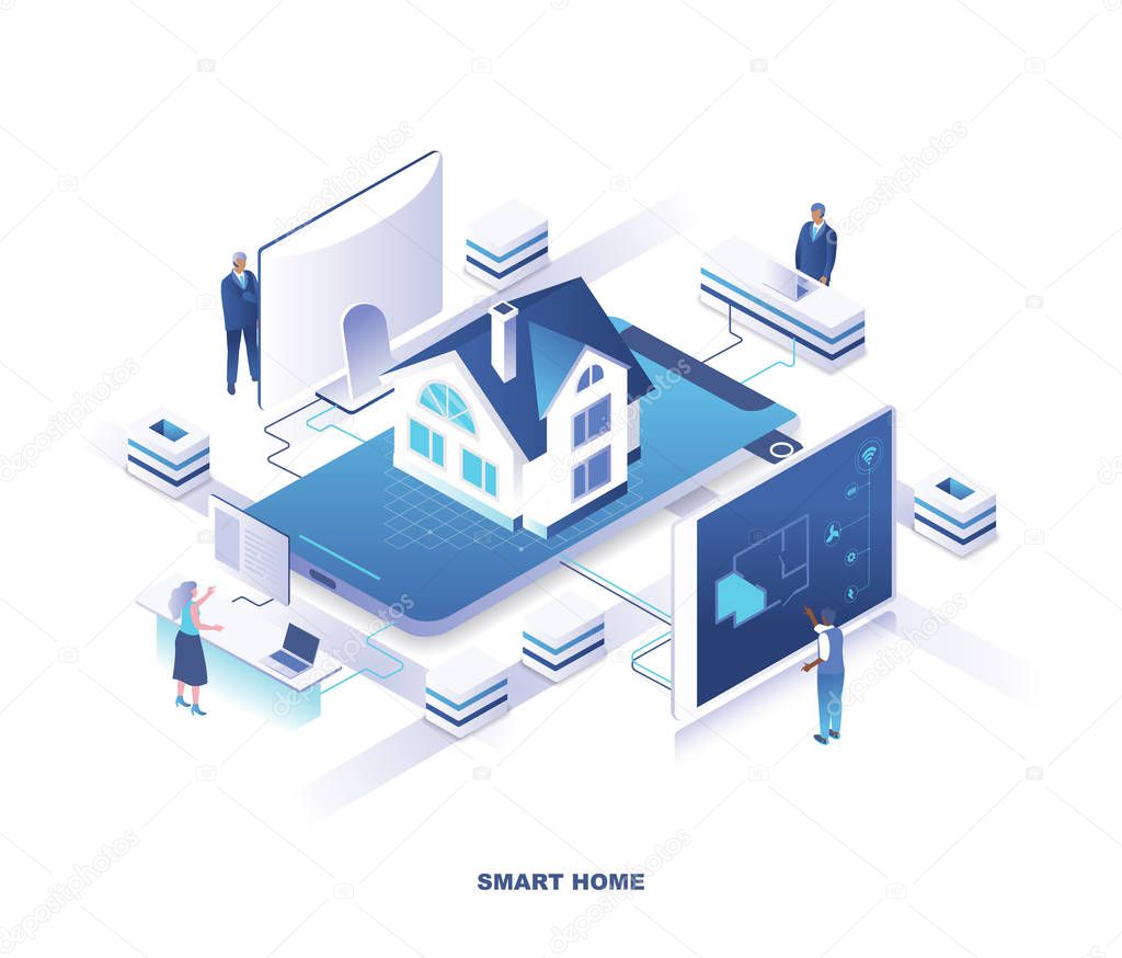 Smart house system isometric landing page. Concept of home automation or digital control technology with tiny people at electronic panels around residential building. Modern vector illustration.
