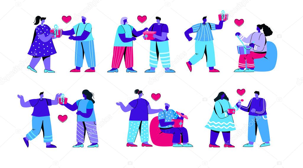 Set of men and women opening gift boxes. Collection of people unwrapping or unboxing holiday presents. Bundle of romantic couples celebrating Saint Valentine's Day. Flat cartoon vector illustration.