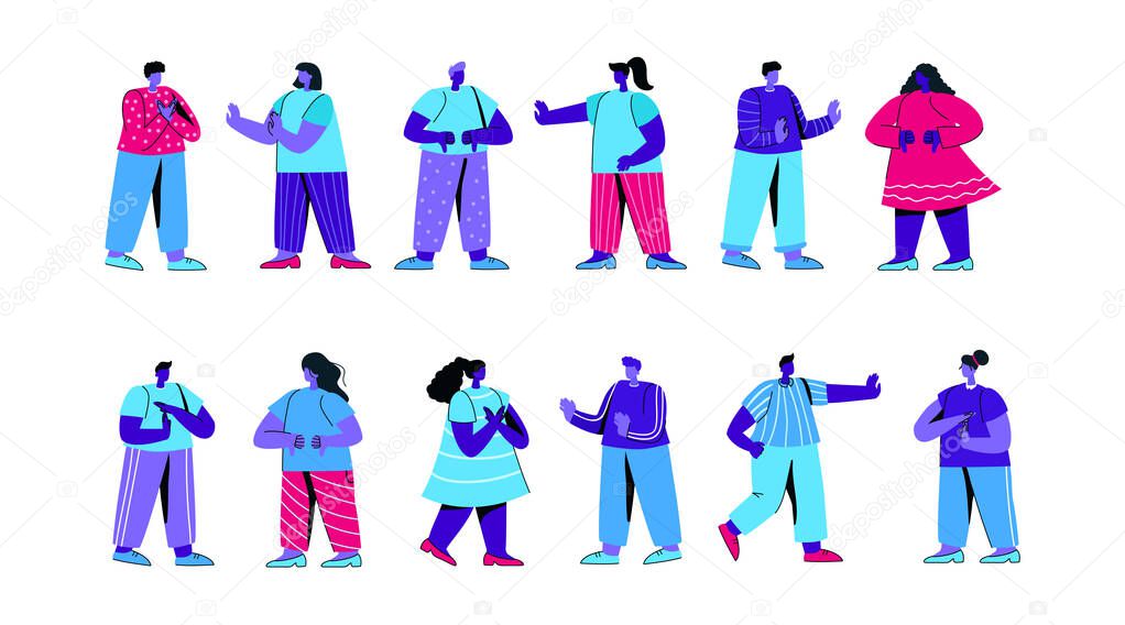 Set of cute boys and girls showing negative gestures or expressing emotions. Bundle of young men and women demonstrating disagreement, rejection, disapproval. Modern flat blue vector illustration.