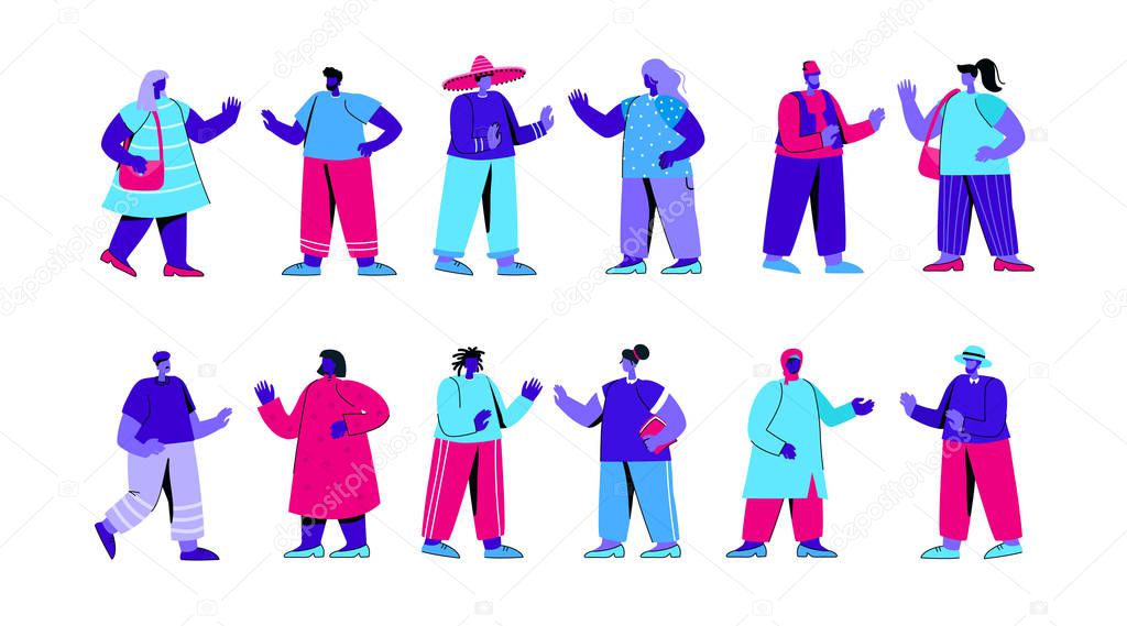 Set of people of different race, ethnicity, nationality. Bundle of foreigners waving hands and having conversation. Multinational or multicultural communication. Modern flat blue vector illustration.
