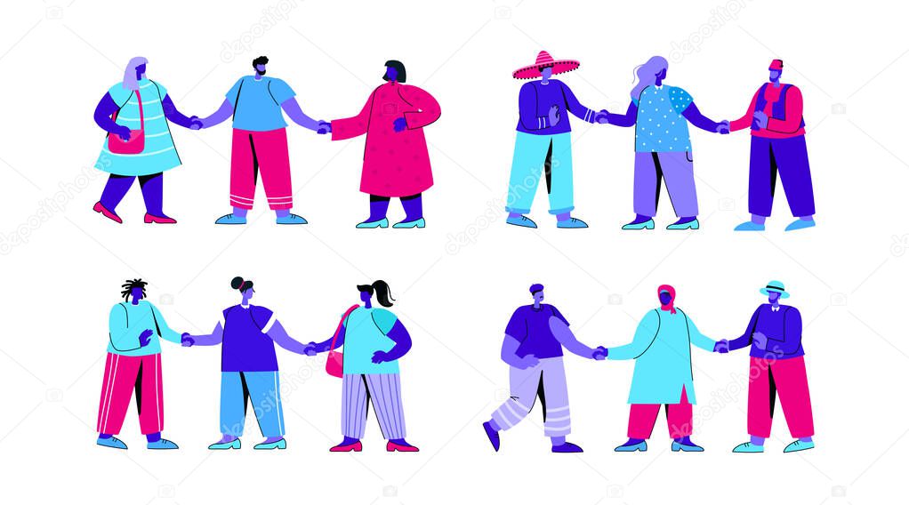 Set of diverse groups of men and women standing together and holding hands. Bundle of people of different nationality or race. International friendship or community. Flat blue vector illustration.
