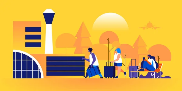 Les Personnes Avec Des Valises Marchant Vers Terminal Aéroport Assis — Image vectorielle
