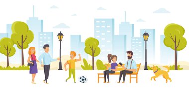 Funny people spending time together in park. Happy family with son playing football, father and daughter sitting on bench and talking, dog running along street. Flat cartoon vector illustration. vector Funny people spending time together in park. Happy family with son playing football, father and daughter sitting on bench and talking, dog running along street. Flat cartoon vector illustration. vector