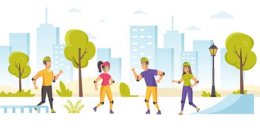 Parkta paten kayan mutlu insanlar. Patenli komik genç kızlar ve oğlanlar dışarıda spor yapıyorlar. Şehir sokağında genç patenciler. Düz çizgi film vektör çizimi.