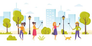 Parktaki akıllı telefonlardan selfie çeken tatlı kızlar. Dışarıda cep telefonları kullanarak kendi portrelerini yapan genç kadınlar. Kadınlar şehir caddesinde kendi fotoğraflarını çekiyorlar. Düz çizgi film vektör çizimi.