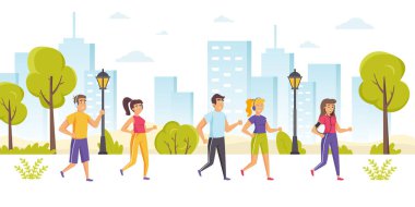 Mutlu insanlar maraton, sprint, açık hava spor müsabakalarına katılıyor, kardiyo antrenmanı veya spor yapıyorlar. Komik erkekler ve kadınlar parkta koşuyor ya da koşuyor. Düz çizgi film vektör çizimi.