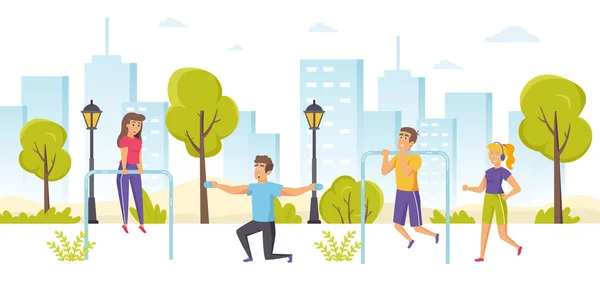 Happy men and women jogging or running, performing pull-ups, exercising with dumbbells in park. Outdoor sports training, street strength workout, healthy lifestyle. Flat cartoon vector illustration.