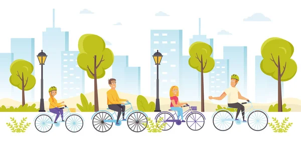 Happy friends riding bicycles. Young boys and girls biking in park. Funny people cycling together on city street. Healthy lifestyle, recreational outdoor activity. Flat cartoon vector illustration.