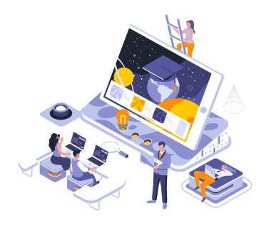 Online eğitim iniş sayfası vektör şablonu. Uzak akademik sınıf web sitesi başlığı Ui düzeni ve izometrik illüstrasyon. Öğrenciler için atama ve inceleme web banner izometri kavramı