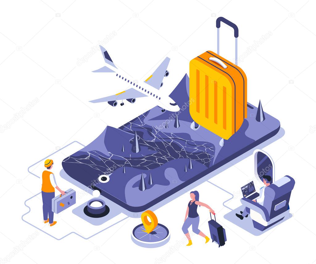 Travel vacation landing page vector template. International voyage with suitcase website header UI layout with isometric illustration. Tourism and adventure web banner isometry concept