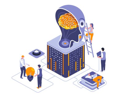 Fikir izometrik iniş sayfası şablonu üzerinde düşünüyorum. İş çözümleri, başlangıç geliştirme web sitesi Ui illüstrasyon düzeni. Beyin fırtınası web pankartı izometri kavramı