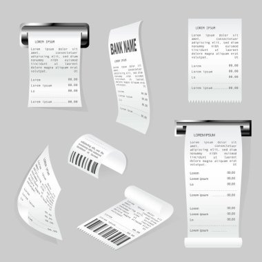 Realistic paper print checks set. Cash dispenser with financial invoice. Shop receipt and purchasing atm bill isolated object. Cash register sales receipts printed on thermal paper vector illustration clipart