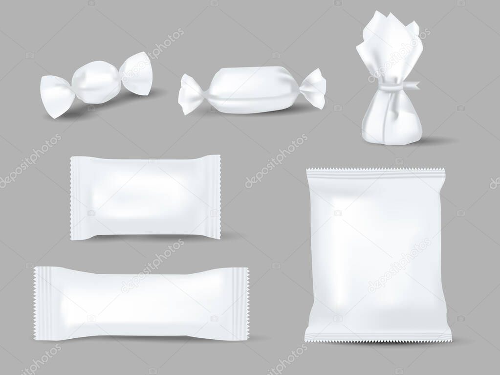 Realistic mockups of candy wrappers on grey background. Sweet, biscuit, wafer, cracker, and chocolate bar, candy bar or snacks package set ready for branding. White sweetmeat pack vector illustration.