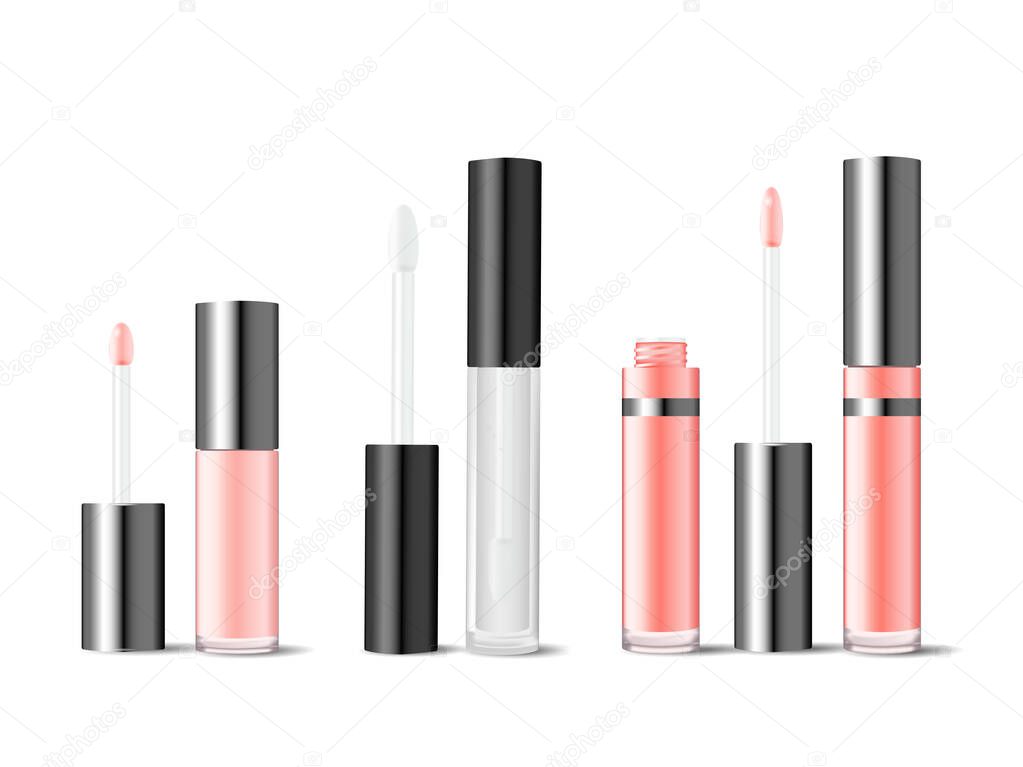 Realistic mockups of glass tubes for lip gloss or lip lacquer. Cosmetics product package set for branding. Pink and white bottle with brush for liquid lipstick vector illustration. Makeup for beauty.