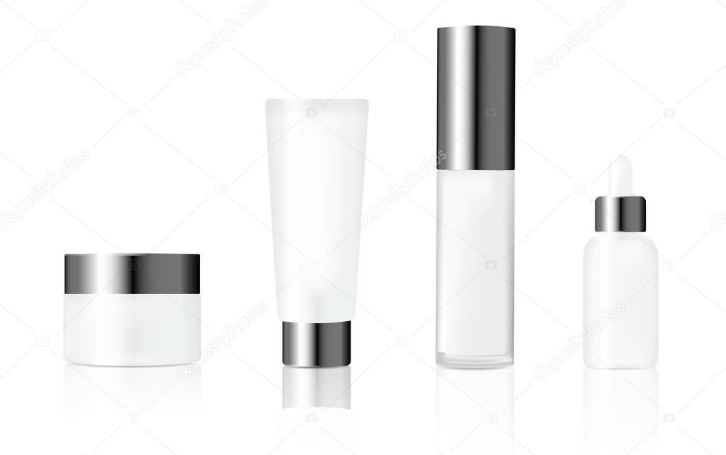 Realistic mockups of containers for cream, essential oil and lotion. Cosmetics product package set for branding. White plastic bottles with silvery caps vector illustration. Skincare and beauty.