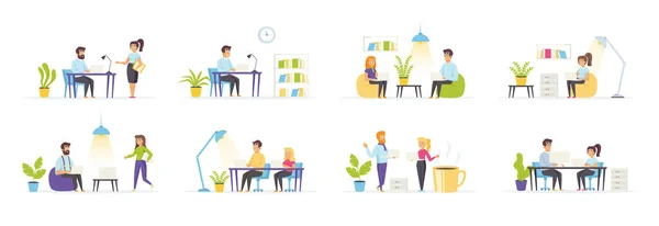 Coworking Space Set People Characters Various Scenes Situations Mladí Samci — Stockový vektor