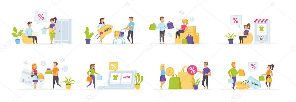 Seasonal shopping set with people characters in various scenes and situations. People carrying shopping bags with purchases. Bundle of retail discount, promotion and online shopping in flat style.