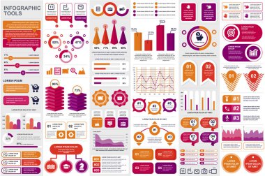 Ticari bilgi modern elementler ayarlandı. Analiz ve istatistikler için iş bilgisi görselleştirme paketi gösteriyor. Renkli mozaik diyagramı, stok ve akış grafikleri, çizgi ve çubuk vektör çizelgeleri.