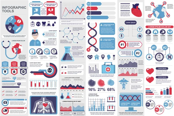 Medizinische Infografische Elemente Gesetzt Analyse Der Gesundheits Notfall Und Pharmaindustrie — Stockvektor