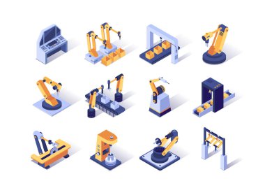 Robotization industry isometric icons set. Automatic equipment, production line manufacturer factory. Robotic arms for conveyor line 3d vector isometry. Programming welding and manipulating robots clipart