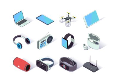 Aygıtlar ve aygıtlar izometrik simgeler ayarlandı. Akıllı telefon, dizüstü bilgisayar, kulaklık, kuadkopter drone, akıllı seğirme, fitness takip cihazı, yönlendirici, vr gözlük. Dijital teknoloji ve akıllı aygıtlar 3d vektör izometrisi.