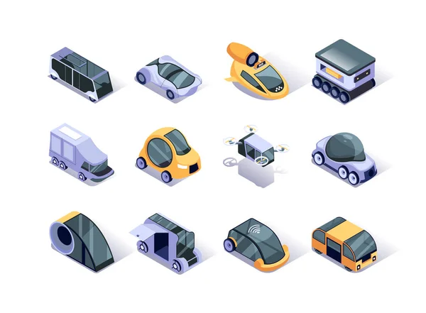 Autonome Fahrzeuge Haben Isometrische Symbole Gesetzt Futuristische Selbstfahrende Autos Taxis — Stockvektor