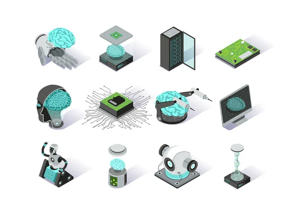 Ensemble Icônes Isométriques Intelligence Artificielle Pictogrammes Technologie Moderne Apprentissage Profond — Image vectorielle