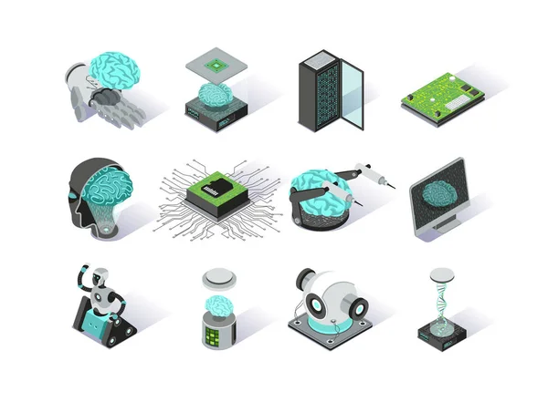 Conjunto Ícones Isométricos Inteligência Artificial Aprendendo Profundamente Pictogramas Tecnologia Moderna —  Vetores de Stock