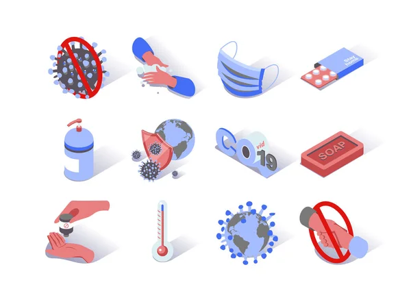 Conjunto Ícones Isométricos Epidêmicos Vírus Sabão Máscara Segurança Séptico Comprimidos —  Vetores de Stock