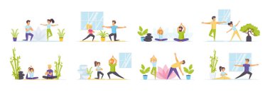 Çeşitli sahnelerdeki insanlarla aile yogası seti. Mutlu çift yoga egzersizleri yapıyor ve nilüfer çiçeği pozisyonunda meditasyon yapıyor. Evde düz stil yoga yapan bir sürü insan. Sağlıklı yaşam tarzı ve spor