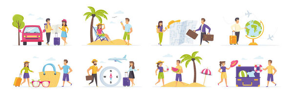 Summer holidays set with people characters in various situations. Tourists traveling by car and airplane. Couple with luggage, happy people relaxing on beach. Bundle of tropical vacation in flat style