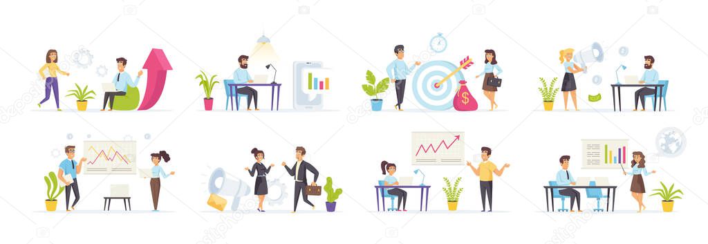Digital marketing set with people character in various scenes. Business analyst presenting marketing research, marketer with megaphone. Bundle of business analysis and targeted marketing in flat style