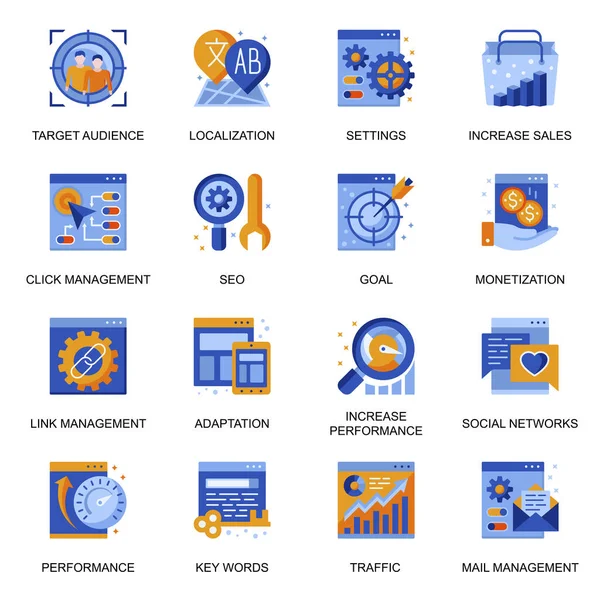 Seo图标设置为平面样式 链接管理和设置 适应和本地化 交通管制和货币化 社交网络标志 Ux用户界面设计的网站管理象形文字 — 图库矢量图片