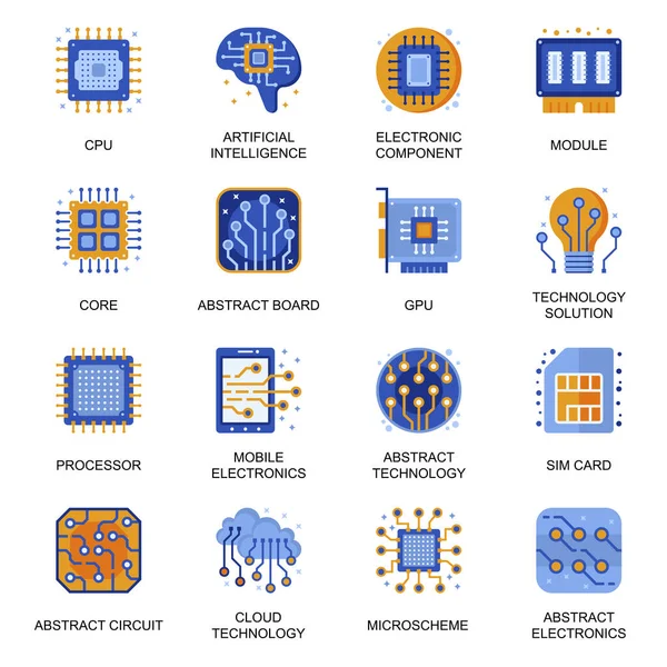 Icônes Électroniques Réglées Dans Style Plat Intelligence Artificielle Noyau Cpu — Image vectorielle