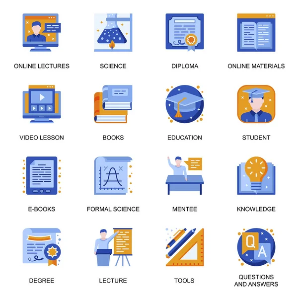 Iconos Educación Establecidos Estilo Plano Ciencia Formal Conferencias Cursos Línea — Vector de stock