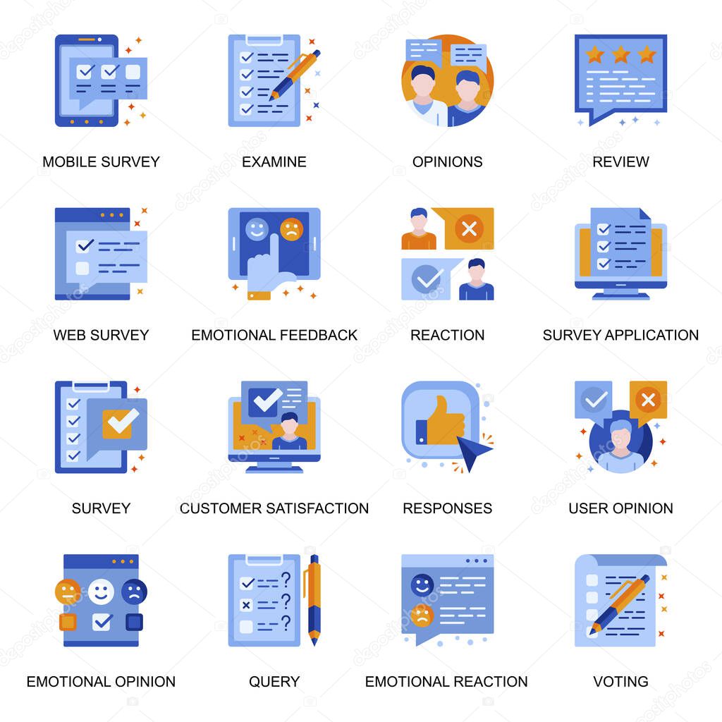 Web survey icons set in flat style. Emotional reaction and opinion, user query, mobile voting and review, customer satisfaction and feedback signs. Survey application pictograms for UX UI design.