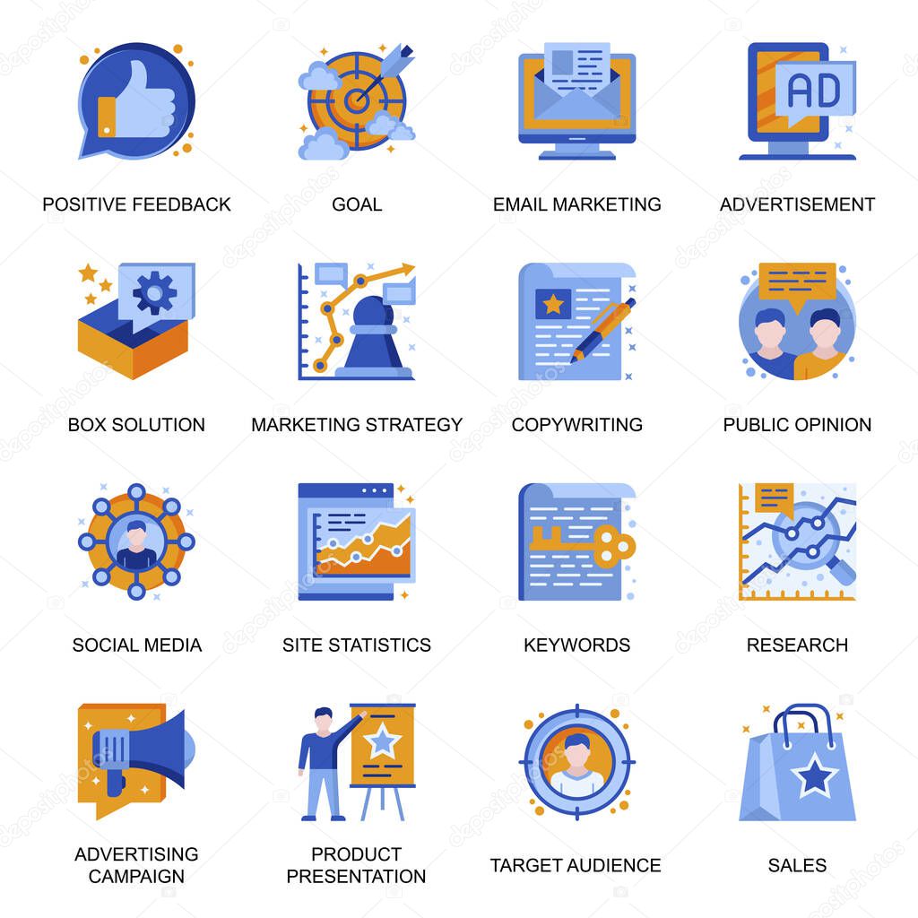 Marketing strategy icons set in flat style. Target audience keywords, public opinion, positive feedback, site statistics, copywriting and research signs. Mail marketing pictograms for UX UI design.