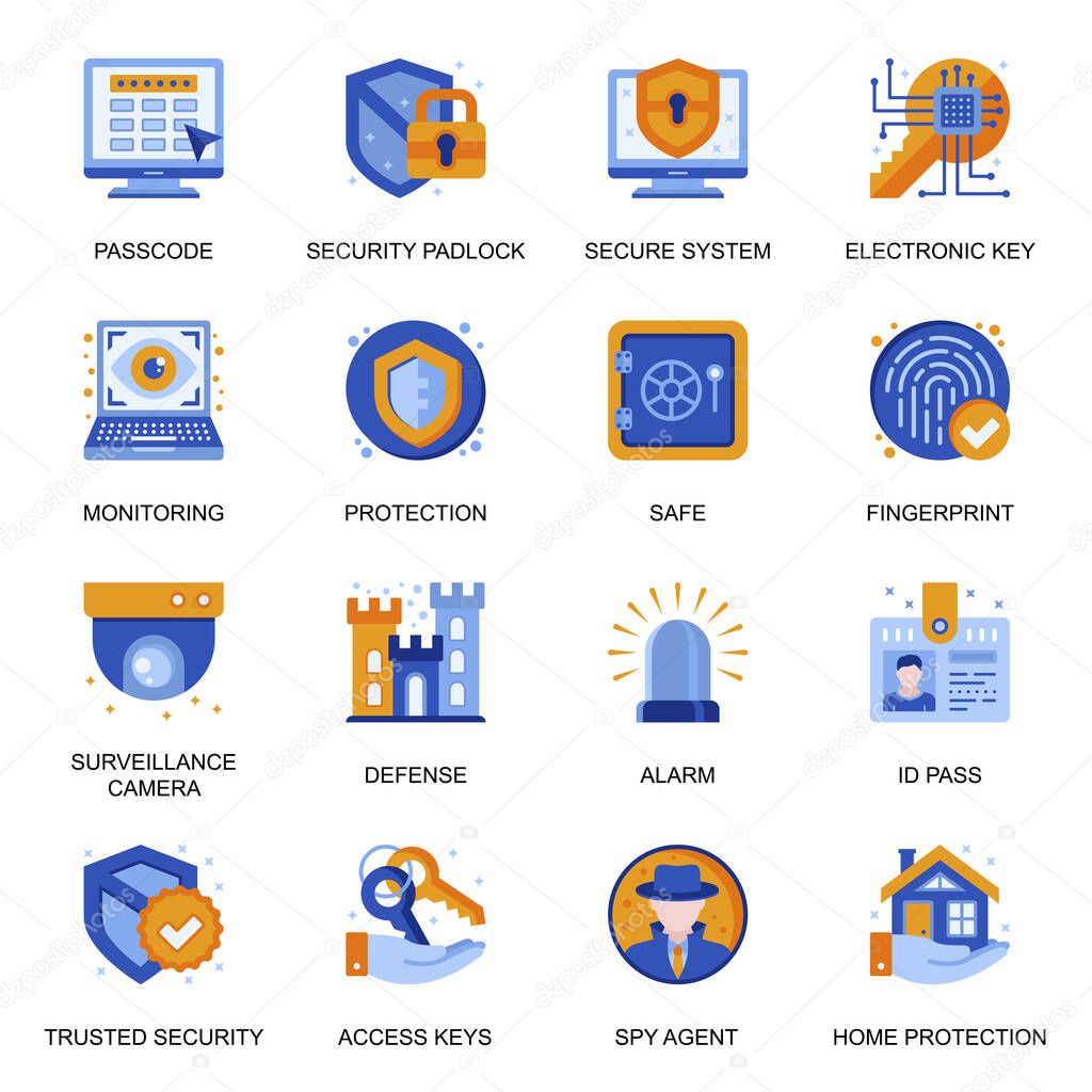 Security system icons set in flat style. Electronic key, surveillance camera and fingerprint, detecting and monitoring, id pass, safe, spy agent signs. Home protection pictograms for UX UI design.