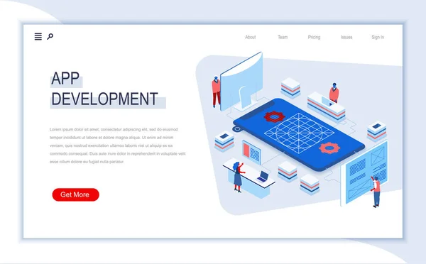 App Development Isometric Landing Page Desain Prototip Aplikasi Konstruksi Dan - Stok Vektor