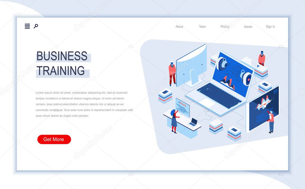 Business training isometric landing page. Business education, career development courses, motivation and mentoring. Digital technology and devices. Busy people in work situation 3d vector isometry.