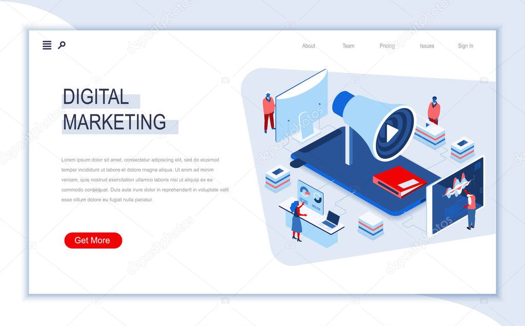 Digital marketing isometric landing page. Marketing research, business analytics and presentation, social targeting. Digital technology and devices. Busy people in work situation 3d vector isometry.