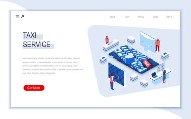 Taksi servisi izometrik iniş sayfası. İnternet üzerinden taksi siparişi, transfer hizmeti, yolcu taşımacılığı için internet başvurusu. Dijital teknoloji ve cihazlar. İş durumundaki meşgul insanlar 3d vektör izometrisi